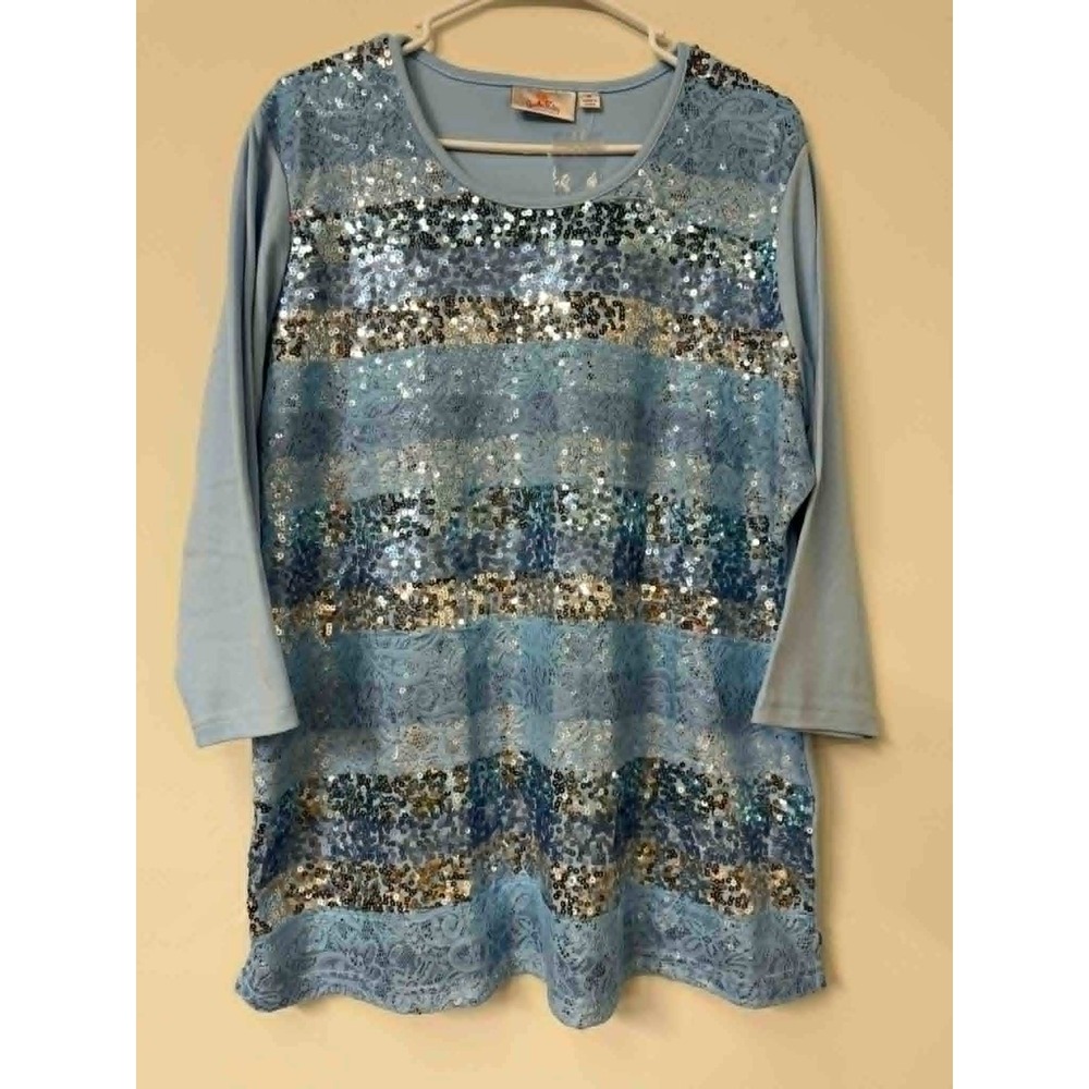 New Quacker Factory Womens 1X Light Blue‎ Sequin Lace Stripe 3/4 Sleeve Top